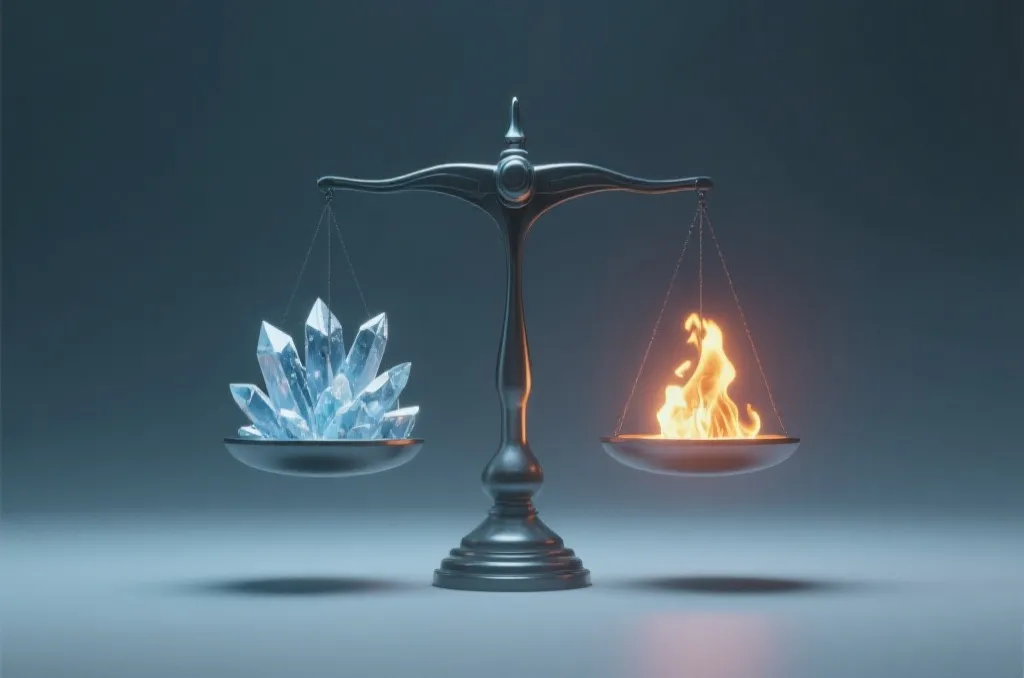 风格化的天平，一端是冰晶，另一端是发光的余烬，象征冷热的平衡